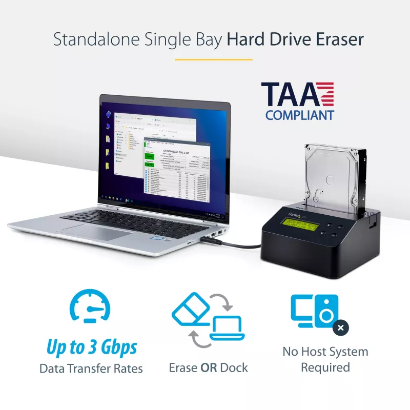 StarTech.com Vienos vietos kietųjų diskų trintuvas, atskiras HDD/SSD valytuvas, USB 3.0 į SATA II (3 Gbps), 9 trynimo režimai, LCD ekranas, saugaus trynimo kietųjų diskų valymo dokas, DB-9 spausdintuvo prievadas, atitinka TAA