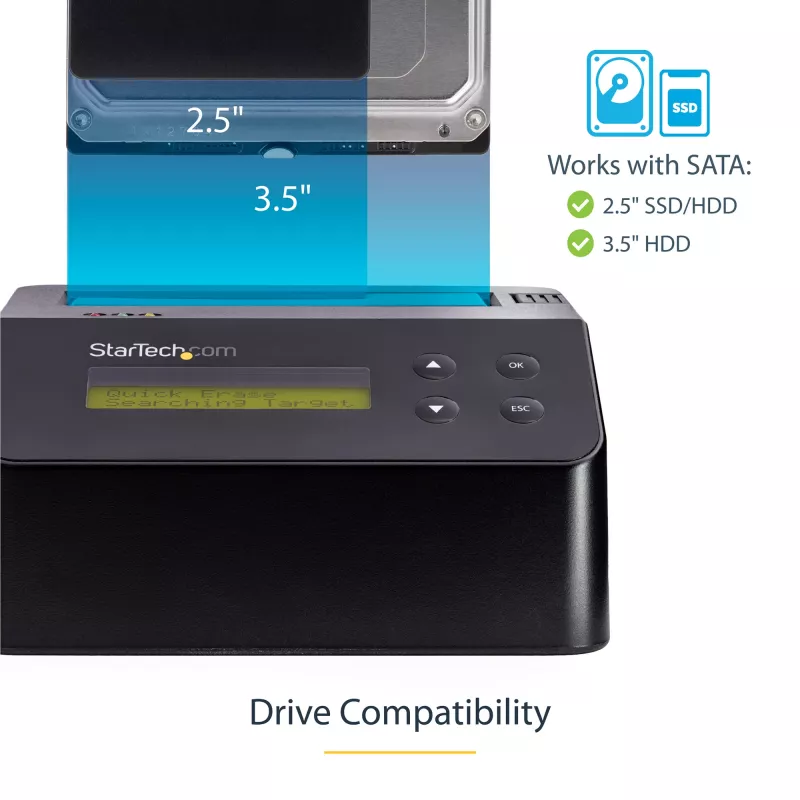 StarTech.com Vienos vietos kietųjų diskų trintuvas, atskiras HDD/SSD valytuvas, USB 3.0 į SATA II (3 Gbps), 9 trynimo režimai, LCD ekranas, saugaus trynimo kietųjų diskų valymo dokas, DB-9 spausdintuvo prievadas, atitinka TAA