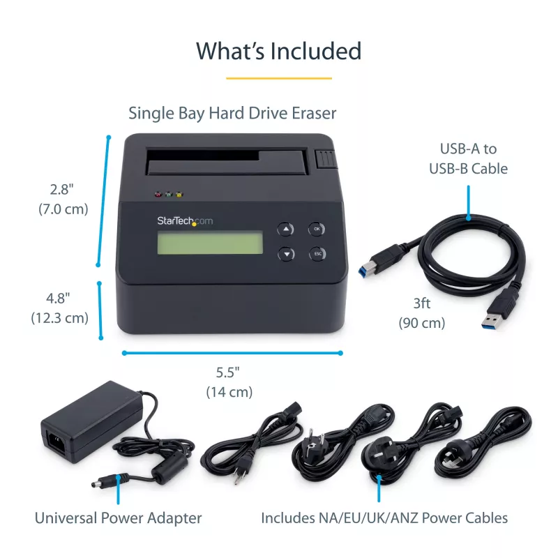 StarTech.com Vienos vietos kietųjų diskų trintuvas, atskiras HDD/SSD valytuvas, USB 3.0 į SATA II (3 Gbps), 9 trynimo režimai, LCD ekranas, saugaus trynimo kietųjų diskų valymo dokas, DB-9 spausdintuvo prievadas, atitinka TAA