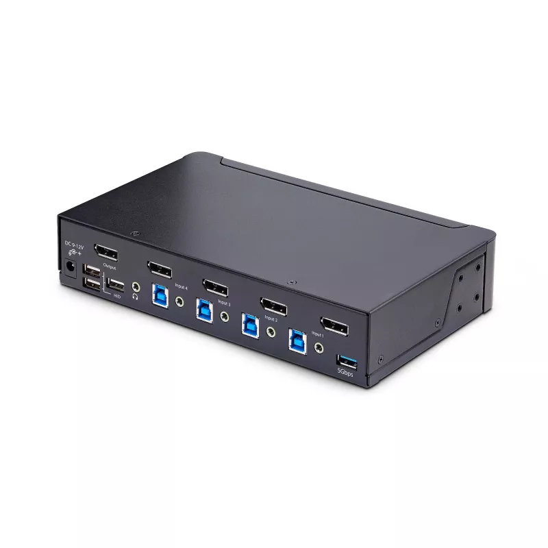 StarTech.com 4 prievadų DisplayPort KVM jungiklis, 8K 60Hz / 4K 144Hz, vienas ekranas, DP 1.4, 2x USB 3.0 prievadai, 4x USB 2.0 HID prievadai, mygtukinis ir sparčiųjų klavišų perjungimas, TAA atitiktis – nepriklausomas nuo OS, metalinis korpusas