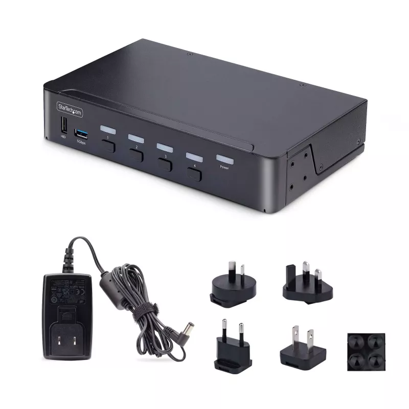 StarTech.com 4 prievadų DisplayPort KVM jungiklis, 8K 60Hz / 4K 144Hz, vienas ekranas, DP 1.4, 2x USB 3.0 prievadai, 4x USB 2.0 HID prievadai, mygtukinis ir sparčiųjų klavišų perjungimas, TAA atitiktis – nepriklausomas nuo OS, metalinis korpusas