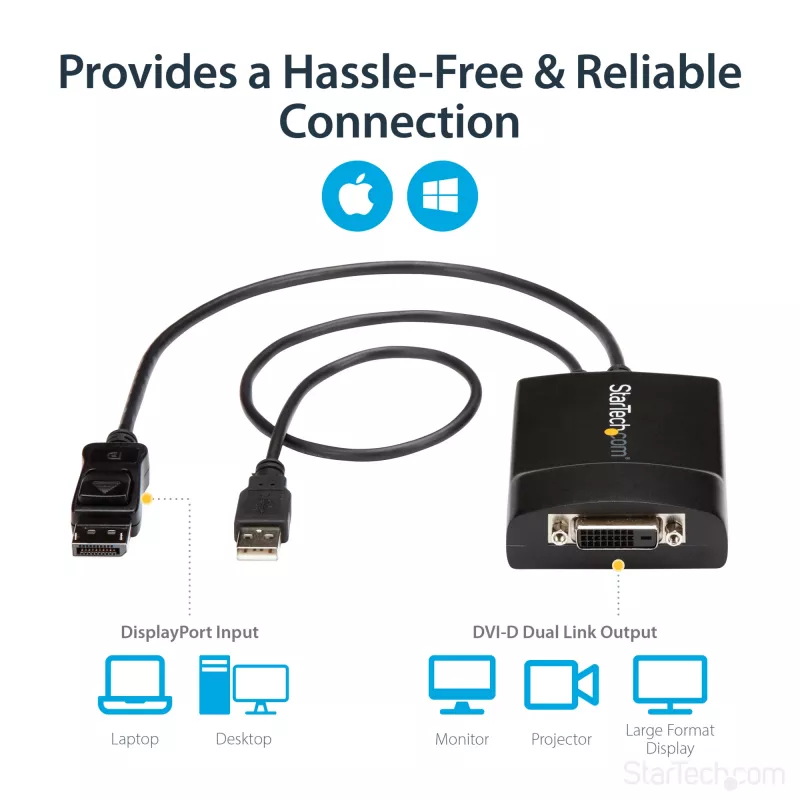 StarTech.com DisplayPort į DVI Dual Link aktyvus adapteris - DisplayPort į DVI-D adapteris vaizdo keitiklis 2560x1600 60Hz - DP 1.2 į DVI monitorius - maitinamas per USB - užfiksuojanti DisplayPort jungtis