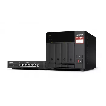 QNAP TS-473A + QSW-1105-5T rinkinys NAS bokštas Ryzen Embedded V1500B 8 GB DDR4 0 TB QNAP Turbo System juoda