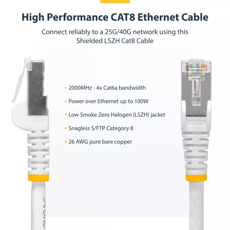 StarTech.com 2 m baltas CAT8 eterneto kabelis, nesikabinantis RJ45, 25G/40G, 2000 MHz, 100 W PoE++, S/FTP, 26AWG gryno pliko vario laidas, LSZH, ekranuotas tinklo komutacinis kabelis su tempimo sumažinimais, individualiai testuotas
