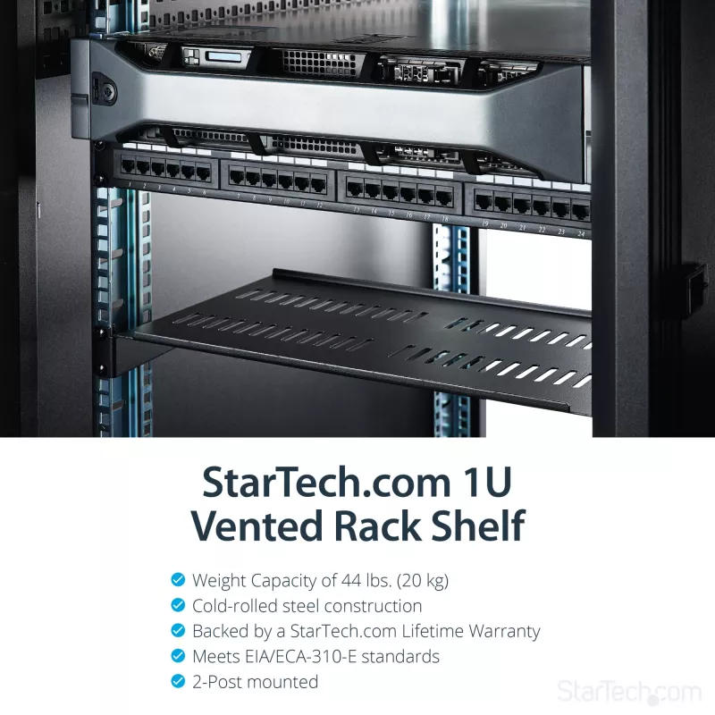StarTech.com 1U serverio stovo lentyna – universali ventiliuojama stovo tvirtinimo konsolės dėklas 19 colių tinklo įrangos stovui ir spintai – tvirtas plienas – keliamoji galia 44 svarai/20 kg – 10 colių gylio lentyna, juoda