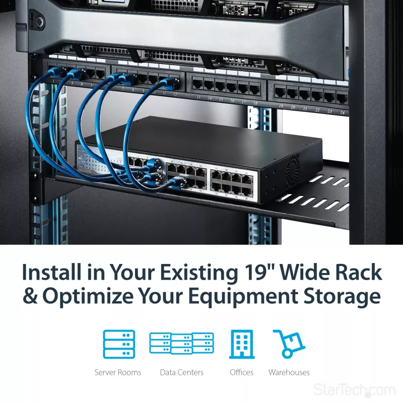 StarTech.com 1U serverio stovo lentyna – universali ventiliuojama stovo tvirtinimo konsolės dėklas 19 colių tinklo įrangos stovui ir spintai – tvirtas plienas – keliamoji galia 44 svarai/20 kg – 10 colių gylio lentyna, juoda