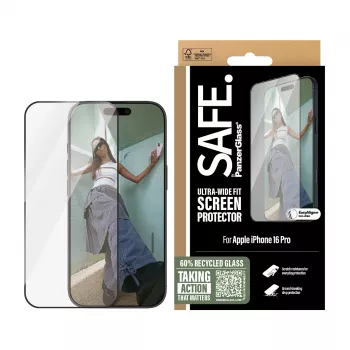 PanzerGlass SAFE. by ® Ekrano apsauga su juodu rėmeliu, skirta iPhone 16 Pro | Itin platus pritaikymas