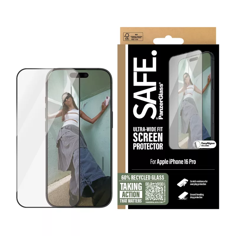 PanzerGlass SAFE. by ® Ekrano apsauga su juodu rėmeliu, skirta iPhone 16 Pro | Itin platus pritaikymas