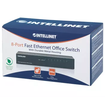 Intellinet 8 prievadų Fast Ethernet biuro komutatorius, stalinis, metalinis, IEEE 802.3az (energiją taupantis Ethernet), dėžutėje
