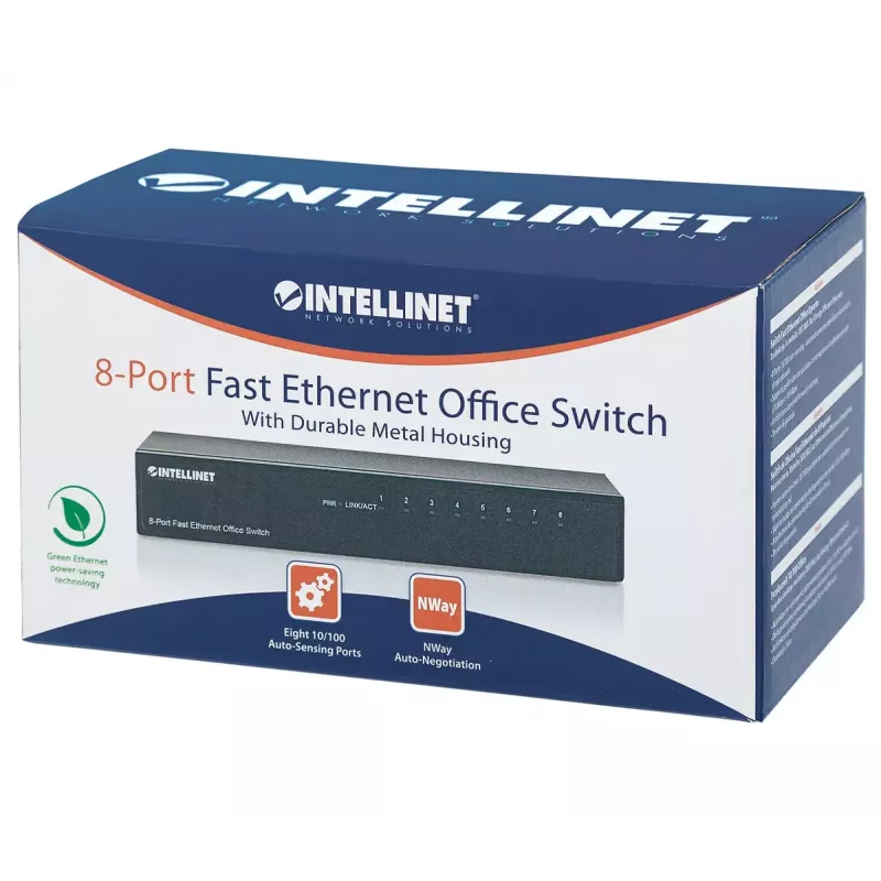 Intellinet 8 prievadų Fast Ethernet biuro komutatorius, stalinis, metalinis, IEEE 802.3az (energiją taupantis Ethernet), dėžutėje