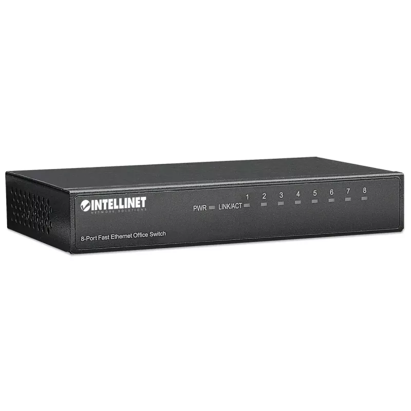 Intellinet 8 prievadų Fast Ethernet biuro komutatorius, stalinis, metalinis, IEEE 802.3az (energiją taupantis Ethernet), dėžutėje