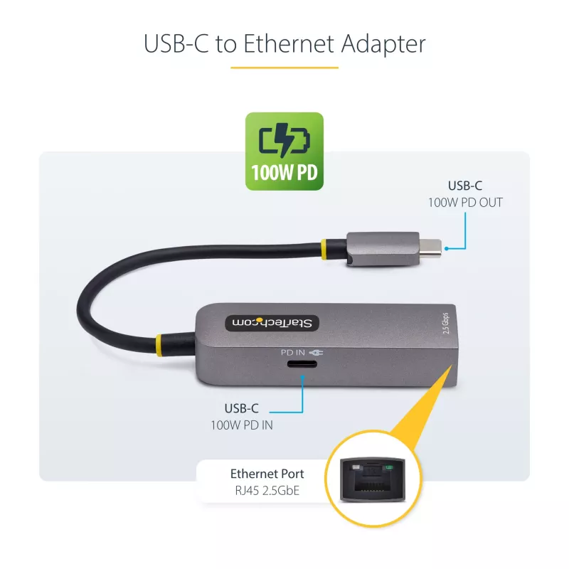 StarTech.com 2.5GbE USB-C į Ethernet adapteris, 100W PD pralaidumas, NBASE-T NIC, USB 3.0 Type-C 2.5/1G kelių greičių tinklas, Thunderbolt suderinamas, Windows ir Mac