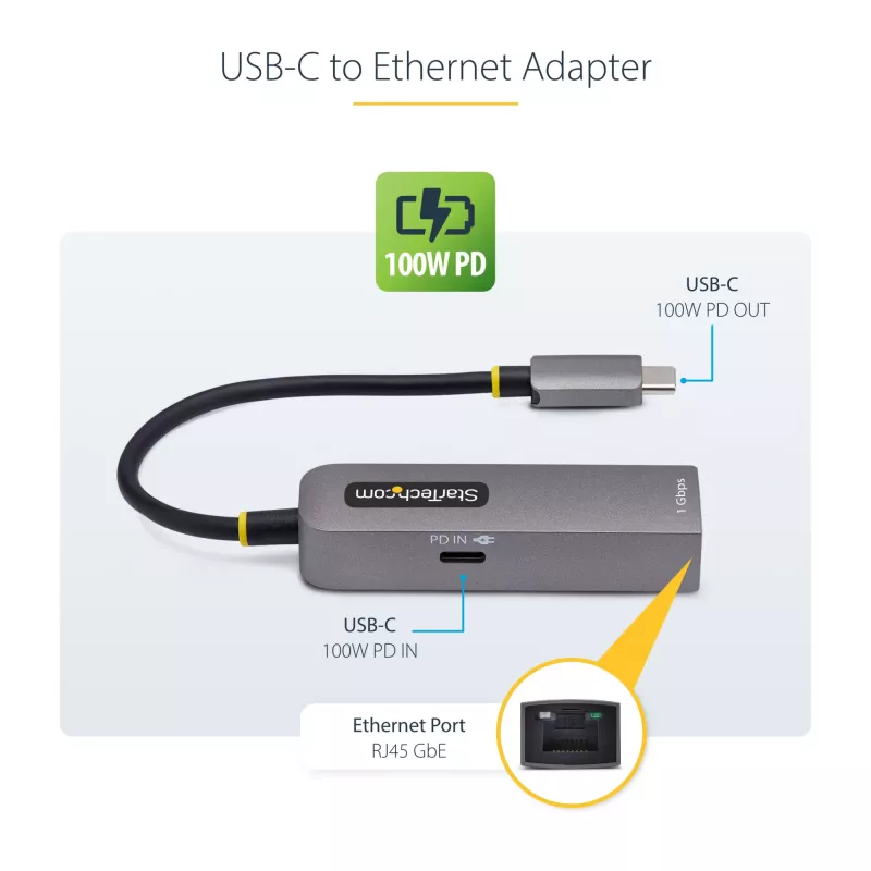 StarTech.com USB-C į eternetą adapteris, NIC, 100 W PD praėjimas, USB 3.0 Type-C 1 Gbps kelių greičių tinklo adapteris, Thunderbolt suderinamas, Windows ir Mac