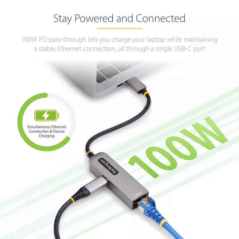 StarTech.com USB-C į eternetą adapteris, NIC, 100 W PD praėjimas, USB 3.0 Type-C 1 Gbps kelių greičių tinklo adapteris, Thunderbolt suderinamas, Windows ir Mac