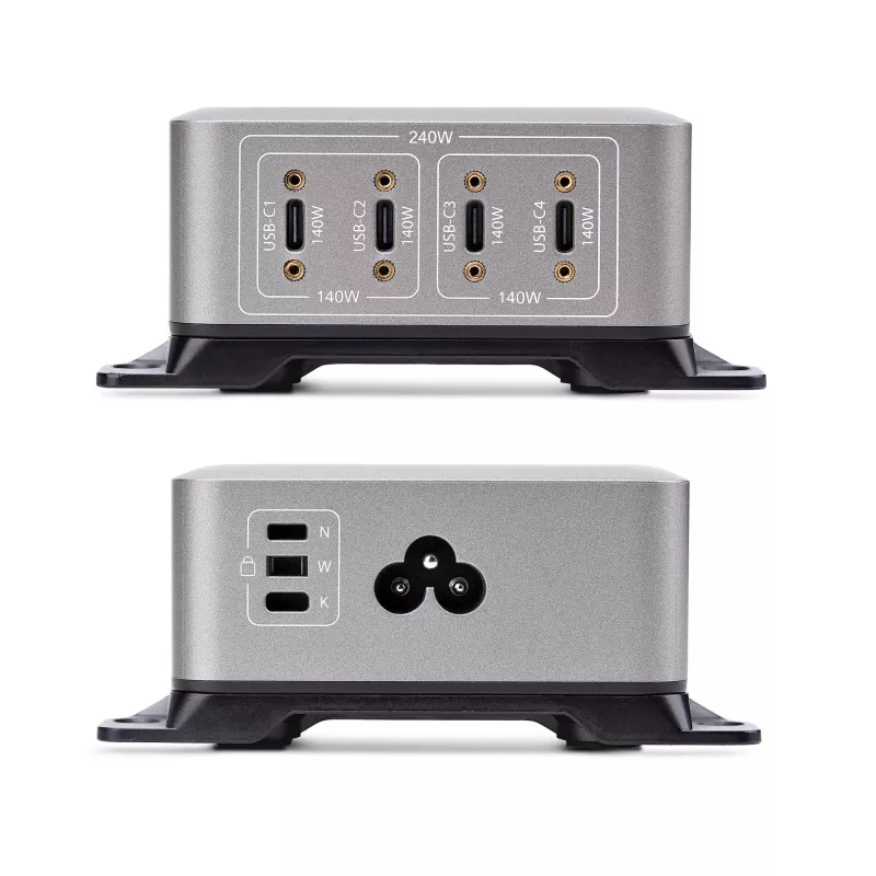 StarTech.com 4 prievadų kelių įrenginių USB-C įkroviklis, 240 W bendra galia, vienas prievadas 140 W EPR, PD 3.1, sraigtiniai prievadai, posėdžių salės, komplekte laikiklis paviršiniam montavimui
