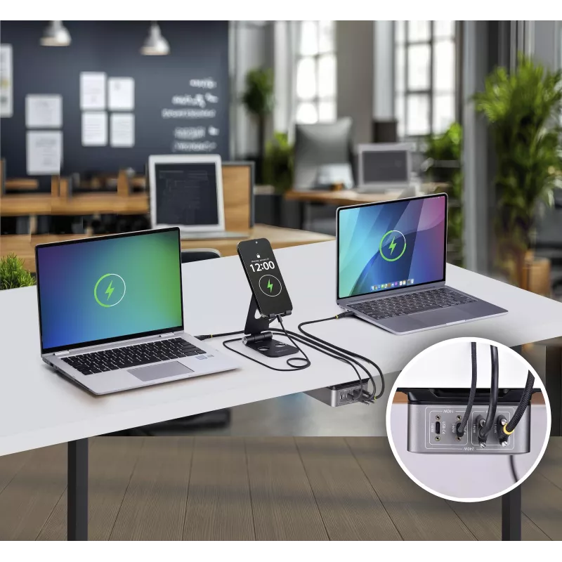 StarTech.com 4 prievadų kelių įrenginių USB-C įkroviklis, 240 W bendra galia, vienas prievadas 140 W EPR, PD 3.1, sraigtiniai prievadai, posėdžių salės, komplekte laikiklis paviršiniam montavimui