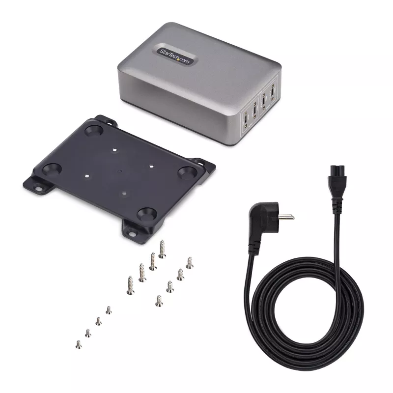 StarTech.com 4 prievadų kelių įrenginių USB-C įkroviklis, 240 W bendra galia, vienas prievadas 140 W EPR, PD 3.1, sraigtiniai prievadai, posėdžių salės, komplekte laikiklis paviršiniam montavimui