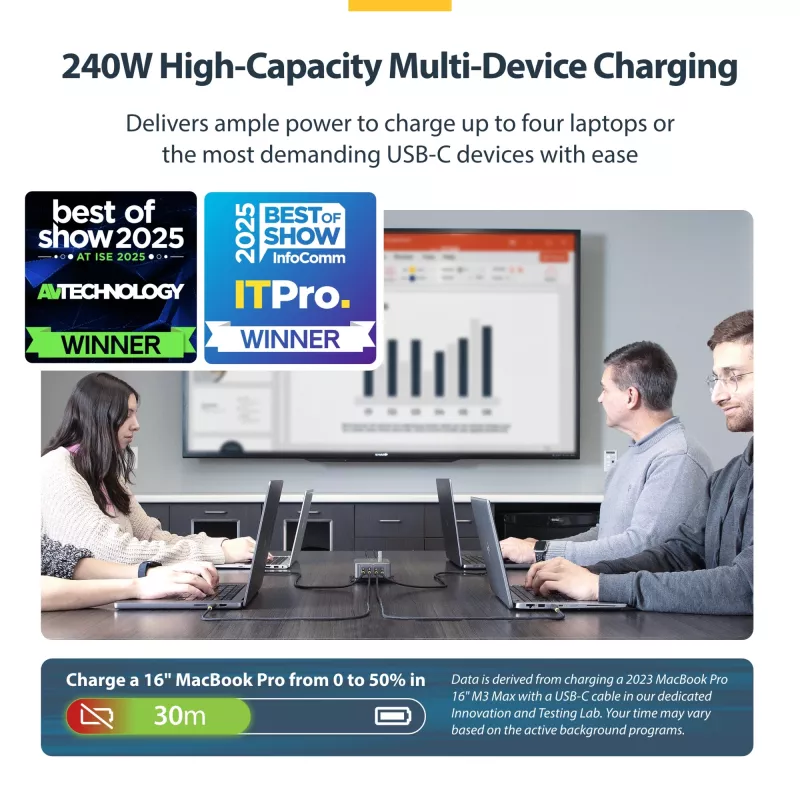 StarTech.com 4 prievadų kelių įrenginių USB-C įkroviklis, 240 W bendra galia, vienas prievadas 140 W EPR, PD 3.1, sraigtiniai prievadai, posėdžių salės, komplekte laikiklis paviršiniam montavimui