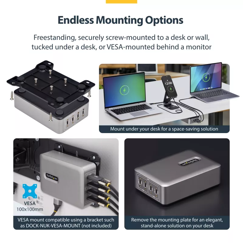 StarTech.com 4 prievadų kelių įrenginių USB-C įkroviklis, 240 W bendra galia, vienas prievadas 140 W EPR, PD 3.1, sraigtiniai prievadai, posėdžių salės, komplekte laikiklis paviršiniam montavimui