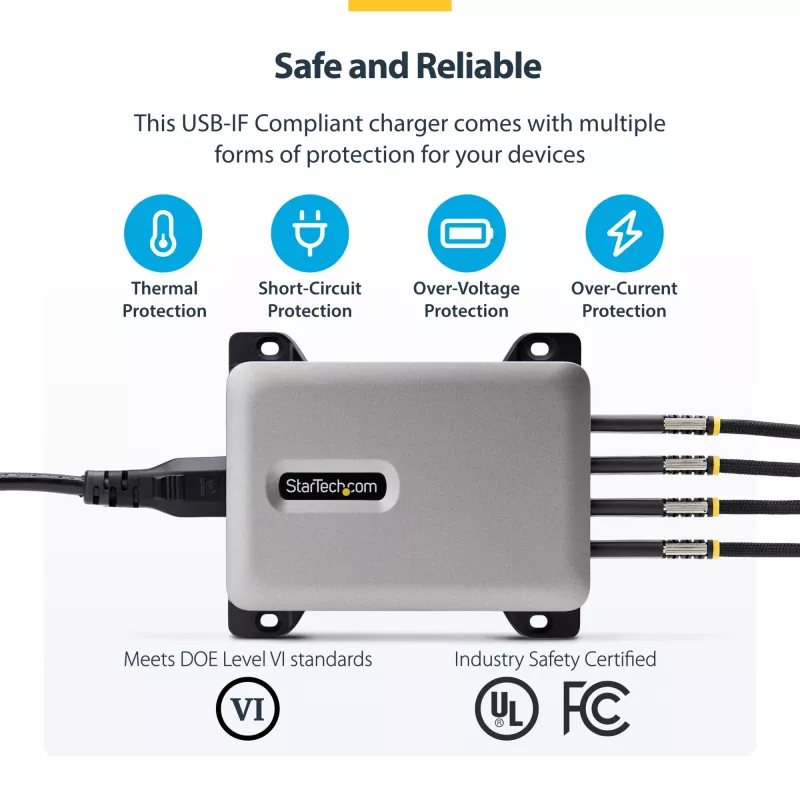 StarTech.com 4 prievadų kelių įrenginių USB-C įkroviklis, 240 W bendra galia, vienas prievadas 140 W EPR, PD 3.1, sraigtiniai prievadai, posėdžių salės, komplekte laikiklis paviršiniam montavimui