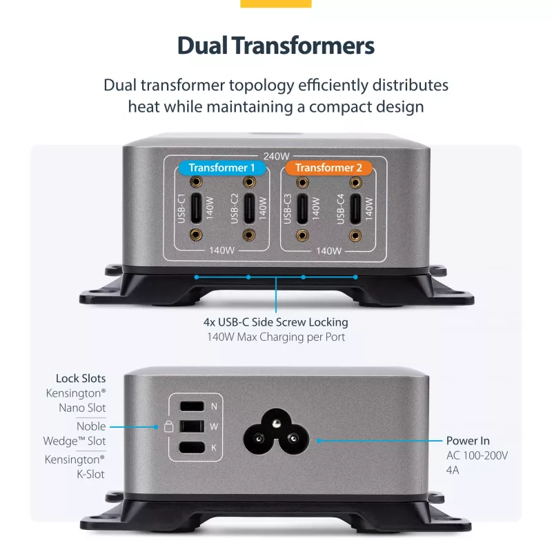 StarTech.com 4 prievadų kelių įrenginių USB-C įkroviklis, 240 W bendra galia, vienas prievadas 140 W EPR, PD 3.1, sraigtiniai prievadai, posėdžių salės, komplekte laikiklis paviršiniam montavimui