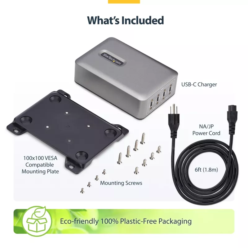 StarTech.com 4 prievadų kelių įrenginių USB-C įkroviklis, 240 W bendra galia, vienas prievadas 140 W EPR, PD 3.1, sraigtiniai prievadai, posėdžių salės, komplekte laikiklis paviršiniam montavimui