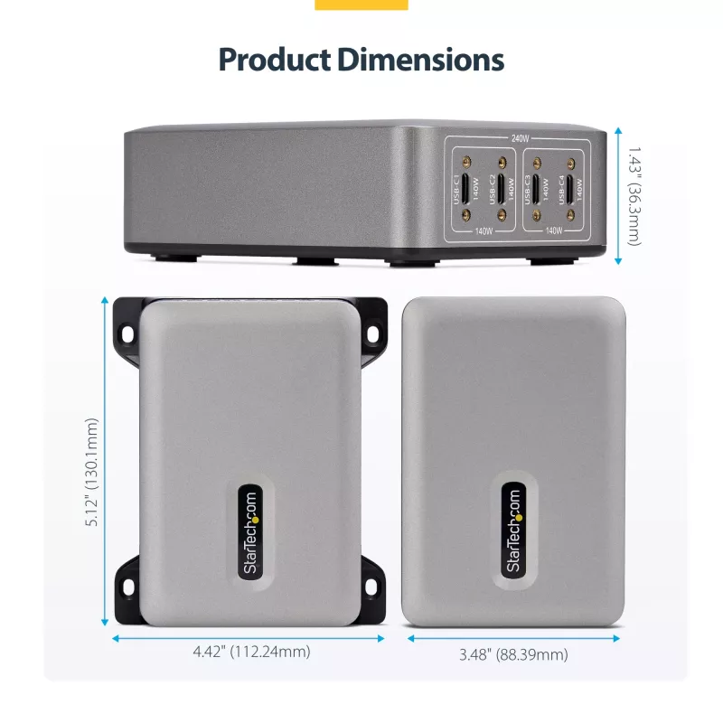 StarTech.com 4 prievadų kelių įrenginių USB-C įkroviklis, 240 W bendra galia, vienas prievadas 140 W EPR, PD 3.1, sraigtiniai prievadai, posėdžių salės, komplekte laikiklis paviršiniam montavimui