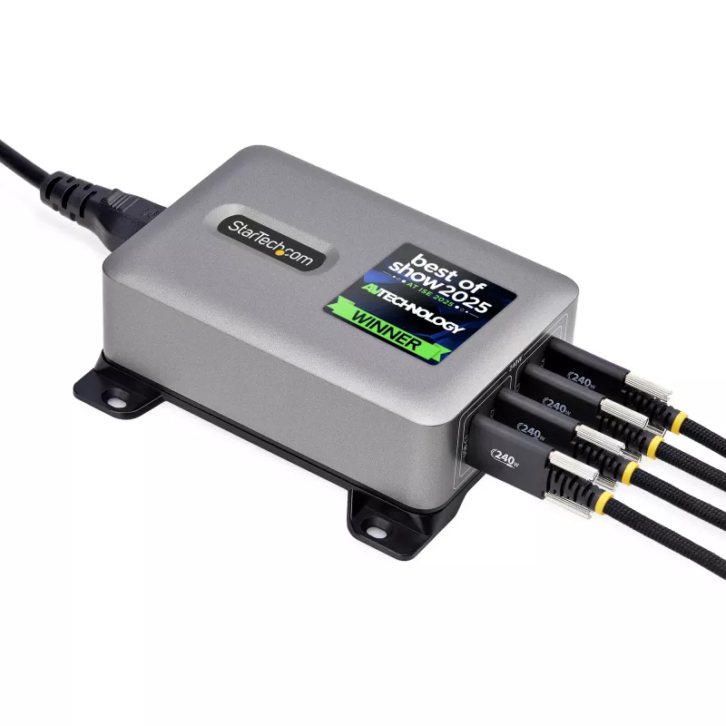 StarTech.com 4 prievadų kelių įrenginių USB-C įkroviklis, 240 W bendra galia, vienas prievadas 140 W EPR, PD 3.1, sraigtiniai prievadai, posėdžių salės, komplekte laikiklis paviršiniam montavimui