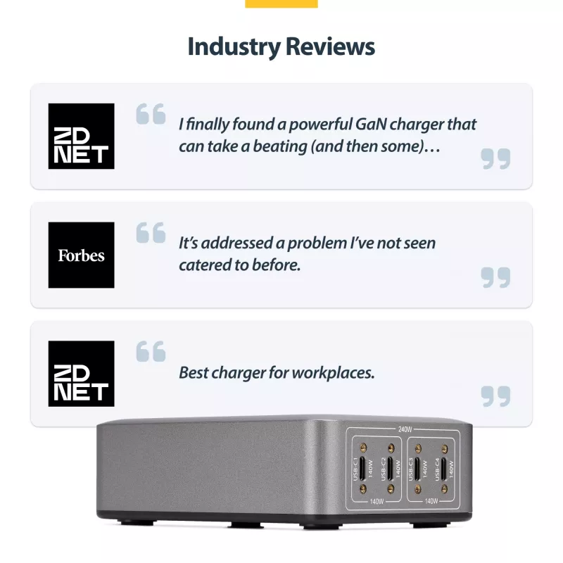 StarTech.com 4 prievadų kelių įrenginių USB-C įkroviklis, 240 W bendra galia, vienas prievadas 140 W EPR, PD 3.1, sraigtiniai prievadai, posėdžių salės, komplekte laikiklis paviršiniam montavimui