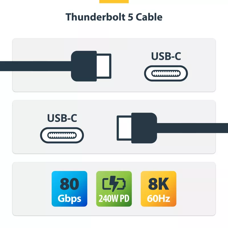 StarTech.com 2.6 pėdų (80 cm) Thunderbolt 5 kabelis, 80 Gbps/iki 120 Gbps, 240 W PD, 8K 60 Hz, sertifikuotas Thunderbolt kabelis - suderinamas su Thunderbolt 4/USB4/USB-C
