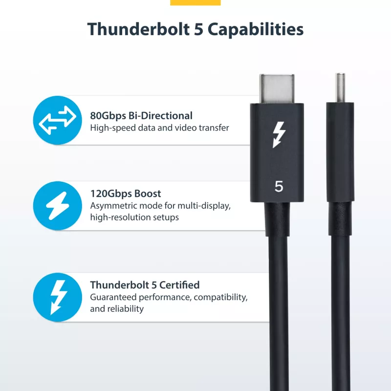 StarTech.com 2.6 pėdų (80 cm) Thunderbolt 5 kabelis, 80 Gbps/iki 120 Gbps, 240 W PD, 8K 60 Hz, sertifikuotas Thunderbolt kabelis - suderinamas su Thunderbolt 4/USB4/USB-C