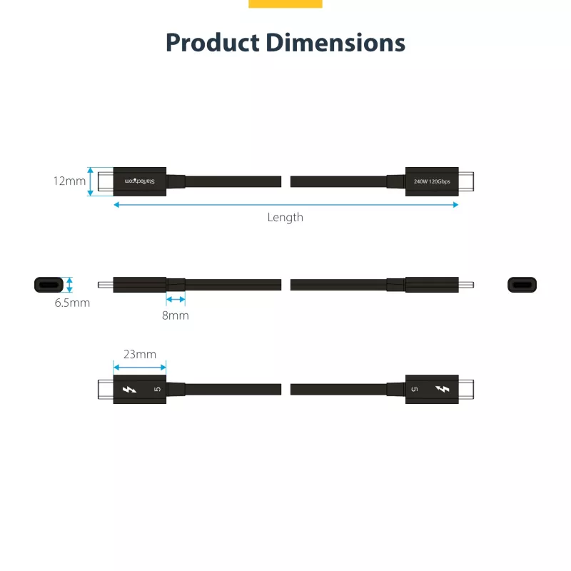 StarTech.com 2.6 pėdų (80 cm) Thunderbolt 5 kabelis, 80 Gbps/iki 120 Gbps, 240 W PD, 8K 60 Hz, sertifikuotas Thunderbolt kabelis - suderinamas su Thunderbolt 4/USB4/USB-C