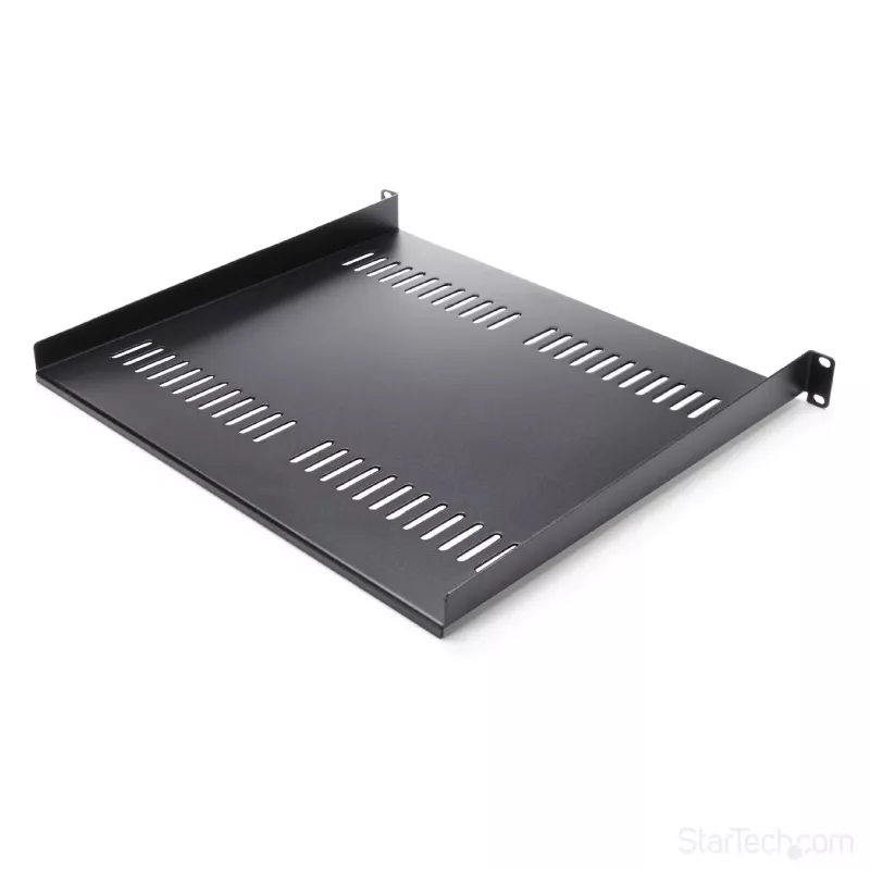 StarTech.com 1U serverio stovo lentyna – universali ventiliuojama ant stovo tvirtinama konsolinė dėkla 19 colių tinklo įrangos stovui ir spintai – tvirta plieninė – keliamoji galia 44 lb/20 kg – 16 colių gylio lentyna, juoda