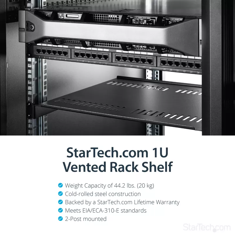 StarTech.com 1U serverio stovo lentyna – universali ventiliuojama ant stovo tvirtinama konsolinė dėkla 19 colių tinklo įrangos stovui ir spintai – tvirta plieninė – keliamoji galia 44 lb/20 kg – 16 colių gylio lentyna, juoda