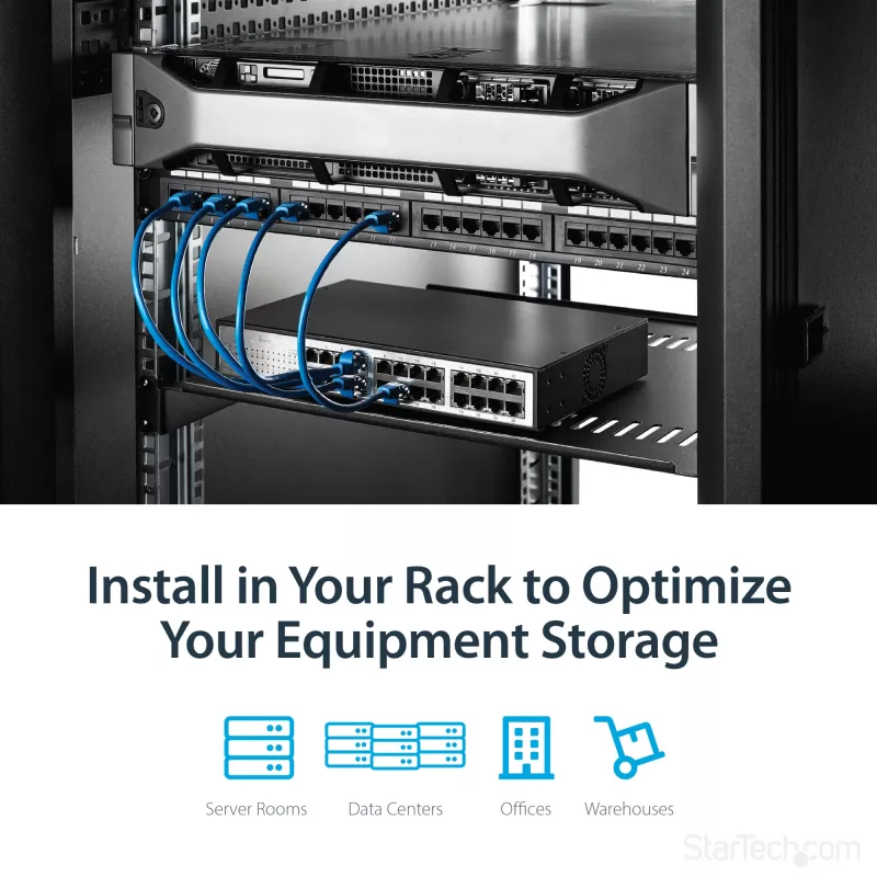 StarTech.com 1U serverio stovo lentyna – universali ventiliuojama ant stovo tvirtinama konsolinė dėkla 19 colių tinklo įrangos stovui ir spintai – tvirta plieninė – keliamoji galia 44 lb/20 kg – 16 colių gylio lentyna, juoda
