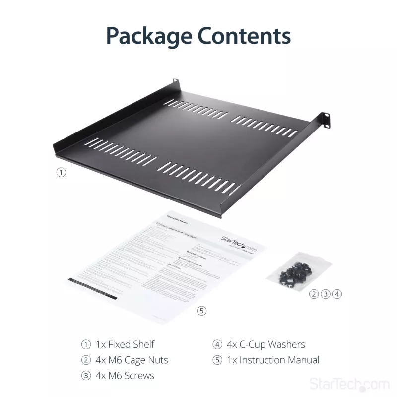 StarTech.com 1U serverio stovo lentyna – universali ventiliuojama ant stovo tvirtinama konsolinė dėkla 19 colių tinklo įrangos stovui ir spintai – tvirta plieninė – keliamoji galia 44 lb/20 kg – 16 colių gylio lentyna, juoda
