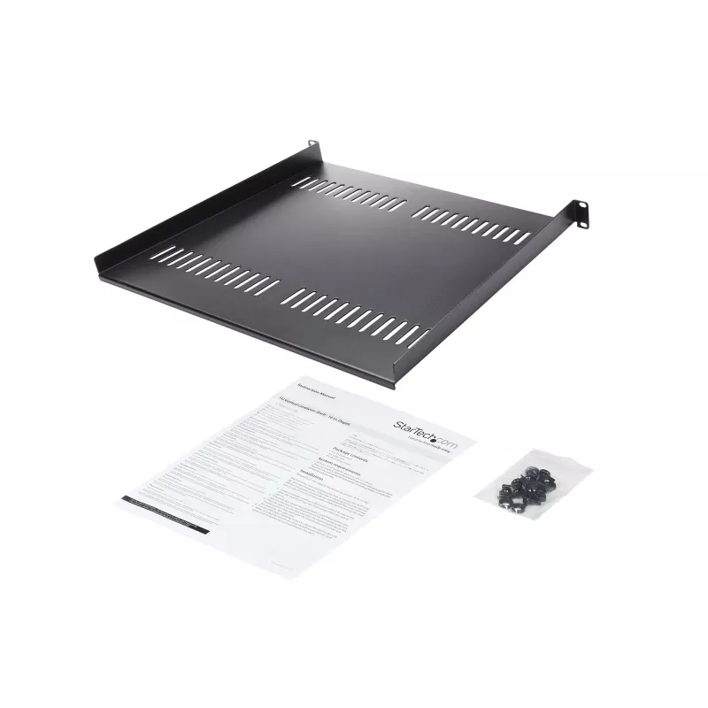 StarTech.com 1U serverio stovo lentyna – universali ventiliuojama ant stovo tvirtinama konsolinė dėkla 19 colių tinklo įrangos stovui ir spintai – tvirta plieninė – keliamoji galia 44 lb/20 kg – 16 colių gylio lentyna, juoda