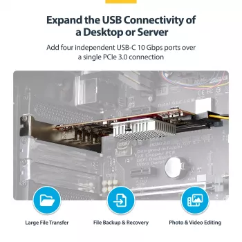 StarTech.com 4 prievadų USB Type-C PCIe kortelė, USB 3.2 10 Gbps, USB-C PCI Express išplėtimo kortelė, 4 nepriklausomi USB valdikliai, Windows/Linux/macOS, TAA atitinkanti