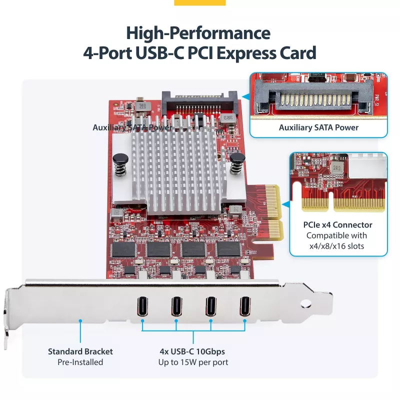 StarTech.com 4 prievadų USB Type-C PCIe kortelė, USB 3.2 10 Gbps, USB-C PCI Express išplėtimo kortelė, 4 nepriklausomi USB valdikliai, Windows/Linux/macOS, TAA atitinkanti