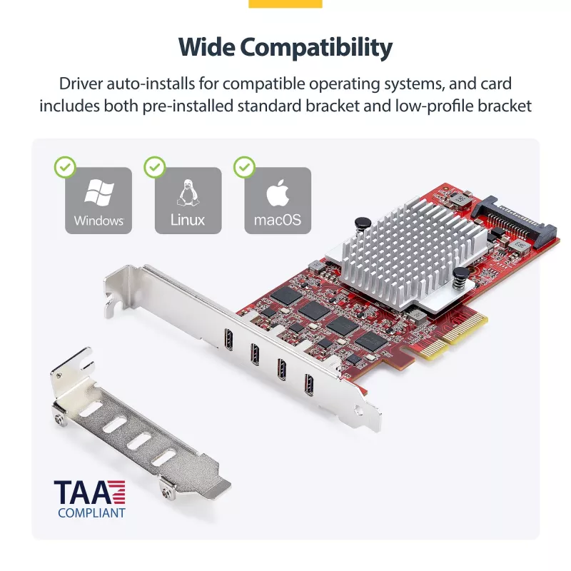 StarTech.com 4 prievadų USB Type-C PCIe kortelė, USB 3.2 10 Gbps, USB-C PCI Express išplėtimo kortelė, 4 nepriklausomi USB valdikliai, Windows/Linux/macOS, TAA atitinkanti