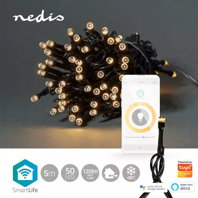 Dekoratyvinė šviesos grandinė Nedis WIFILX01W50 — 50 LED lempučių, 1,81 W, USB, IP65, 5 m laidas