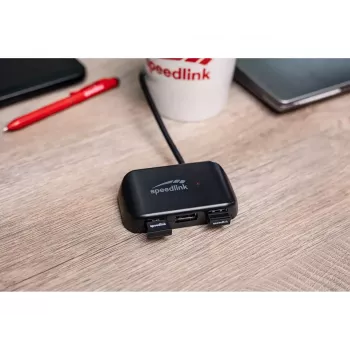 USB-C šakotuvas Speedlink SNAPPY EVO — USB 3.2 Gen 1 Type-C priegloba, 4 prievadai (Type-A + Type-C), 5 Gbps, juoda