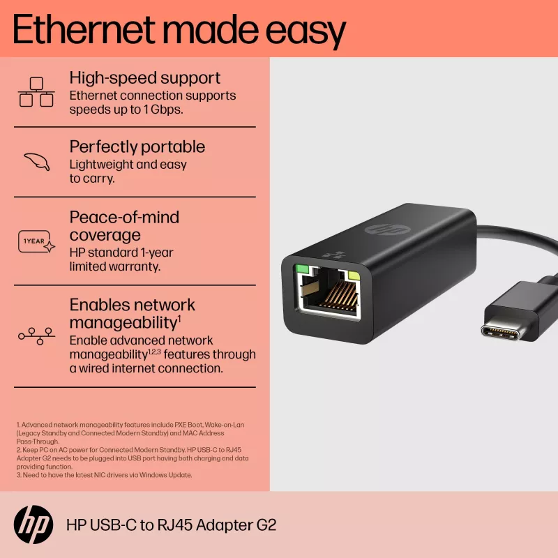HP USB-C į RJ45 adapteris G2, laidinis, USB Type-C, juodas, Kinija, Namų, Windows 10, Windows 11
