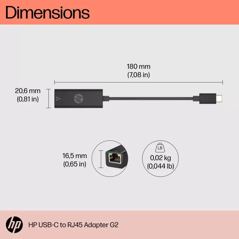 HP USB-C į RJ45 adapteris G2, laidinis, USB Type-C, juodas, Kinija, Namų, Windows 10, Windows 11