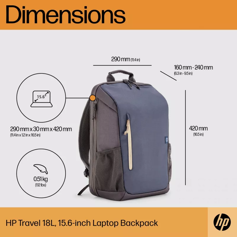 HP Travel 18 litrų 15.6 Mėlynos nakties nešiojamojo kompiuterio kuprinė, Kuprinė, 510 g