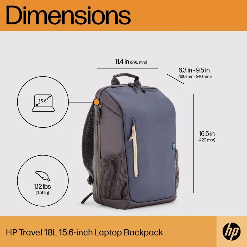 HP Travel 18 litrų 15.6 Mėlynos nakties nešiojamojo kompiuterio kuprinė, Kuprinė, 510 g
