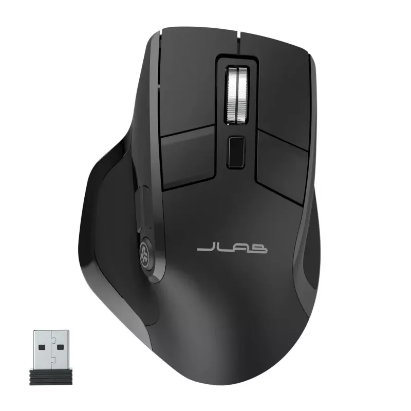 „JLab Audio Epic Office“ belaidė pelė dešiniarankiams — „Bluetooth“ + USB tipo A, optinė 2400 DPI, 9 mygtukai, ratukas, juoda