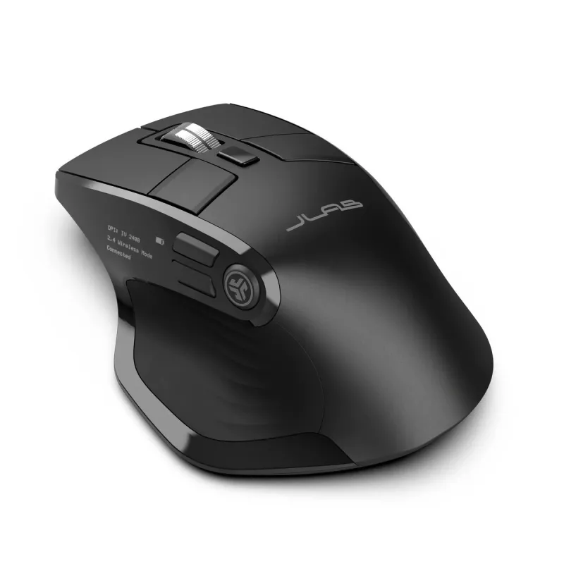 „JLab Audio Epic Office“ belaidė pelė dešiniarankiams — „Bluetooth“ + USB tipo A, optinė 2400 DPI, 9 mygtukai, ratukas, juoda