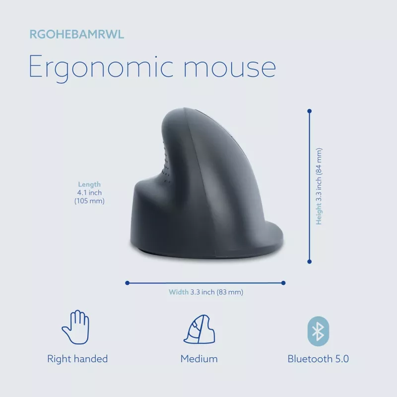 „R-Go Tools“ vertikali pelė „R-Go HE Basic“, ergonominė pelė, vidutinė (plaštakos dydis ≥ 185 mm), dešiniarankiams, „Bluetooth“, pilka
