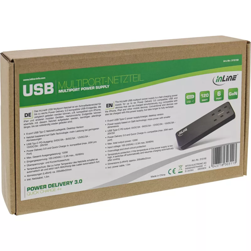 InLine daugiaportis maitinimo šaltinis, įkroviklis, 6x USB-C, PD 3.0, GaN, juodas